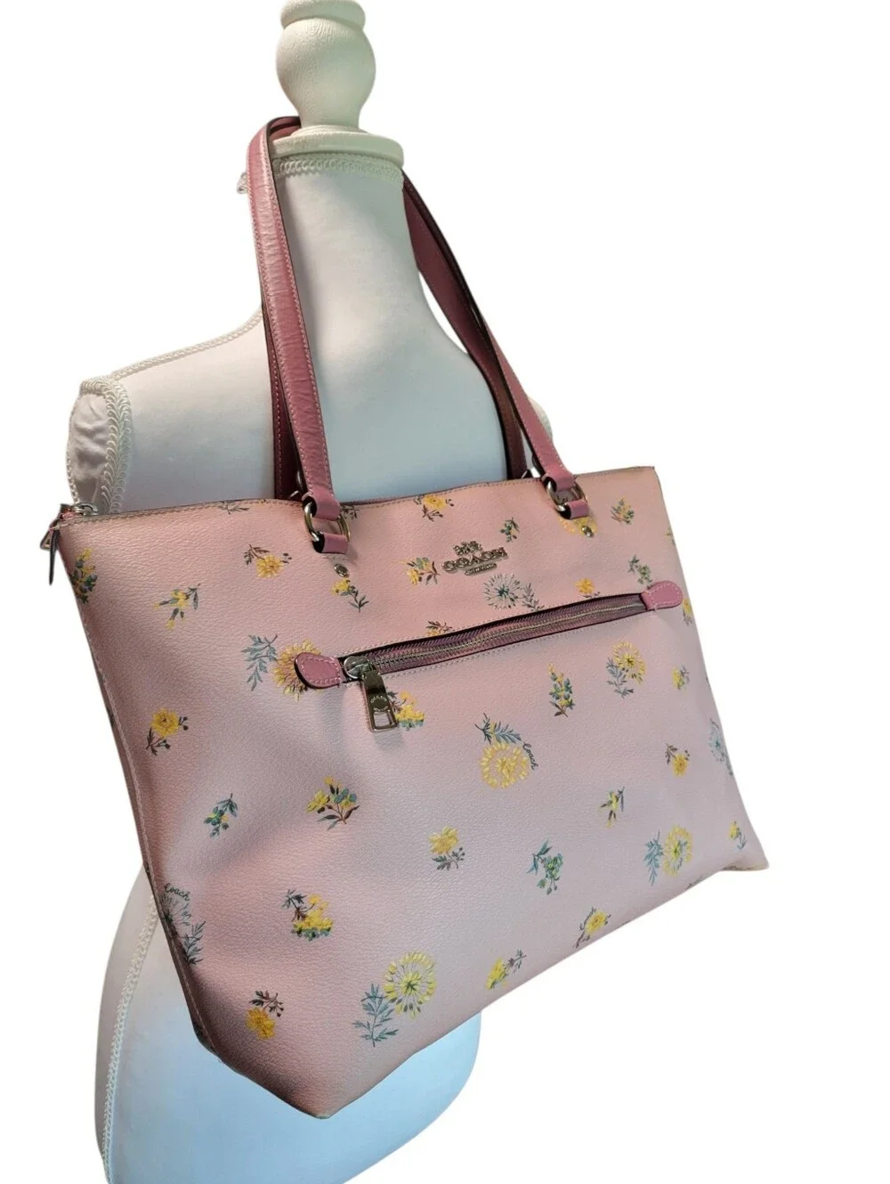 Coach Coated Canvas Gallery Tote Pink Yellow Dandelion Floral Print Bag & Wallet